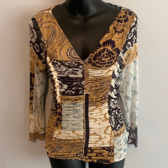 Etro Tops - ETRO patch print jersey top V-neck,long sleeves, ruched front and back